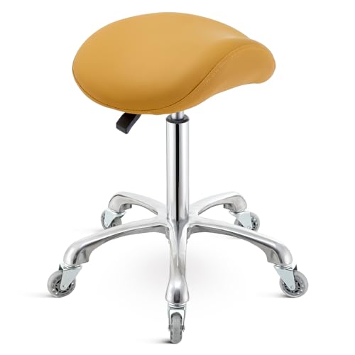Saddle Stool Chair with Wheels,Ergonomic Swivel Rolling Height Adjustable for Salon Beauty Clinic Dentist Tattoo Home Office - color: Camel, size: No Backrest
