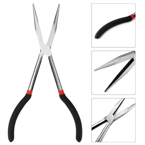 11 Inch Long Reach Needle Nose Pliers - Non-Slip Grip Straight Needle Nose Pliers for Mechanics, Electricians, Fishing and Home Repairs