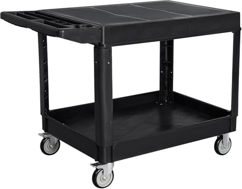 2 Tier Heavy Duty Utility Cart with Wheels, 1000 lbs Capacity Flat Top Plastic Rolling Tool Cart with Lipped Shelves, 46 x 26-Inch Mechanic Work Cart for Warehouse, Garage, Cleaning, Black - color: Black, size: Flat Top 46 x 26 Inch
