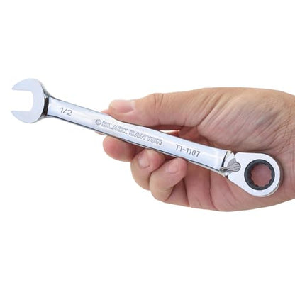 BLACK CANYON 1/2 Inch Ratchet Combination Wrench, 12-Point Box End & Hex Opening, Polished Steel Ratcheting Wrench with SAE & Metric Sizes - size: 1/2 Inch, style: Inch