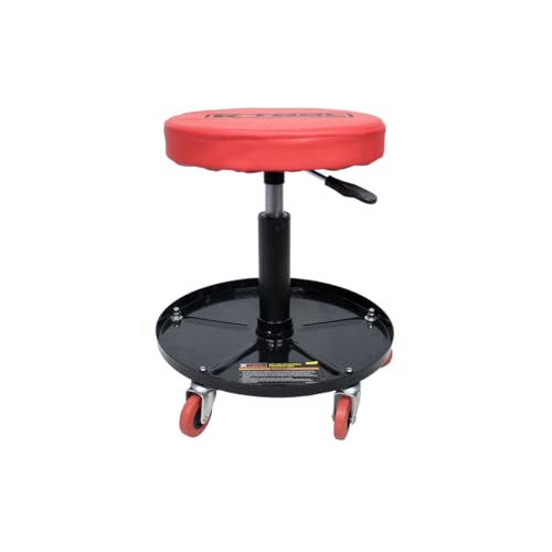 K Tool International 74971 Adjustable Rolling Mechanic Seat for Garages, Repair Shops, and DIY, Pneumatic Lift, (5) 2.5" Swivel Casters, Height Range 14" to 19", 12" Padded Seat, Tool Tray, Black/Red