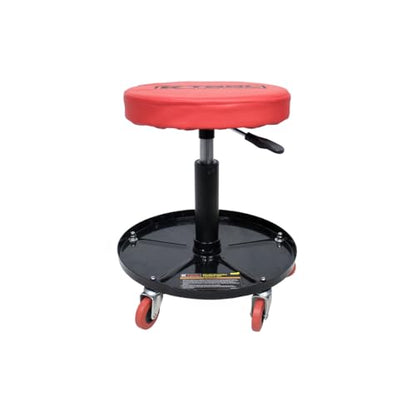 K Tool International 74971 Adjustable Rolling Mechanic Seat for Garages, Repair Shops, and DIY, Pneumatic Lift, (5) 2.5" Swivel Casters, Height Range 14" to 19", 12" Padded Seat, Tool Tray, Black/Red