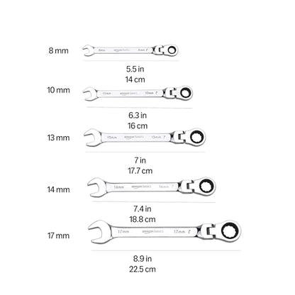 Amazon Basics 72-Tooth Ratcheting Combination Wrench Set, Chrome Vanadium Steel Flex Head, 5-Piece Metric, 180° Flexible - style: Metric