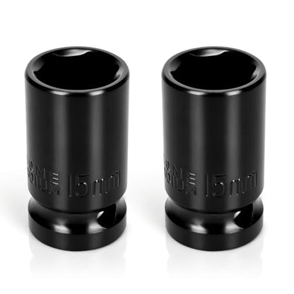 2PCS 15mm Impact Socket 1/2" Drive, 6 Point Metric Shallow Socket, CR-V Steel Heavy Duty Impact Wrench Socket for Automotive Repair - size: 15mm