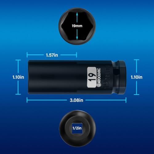 1/2 Inch Drive x 19mm Deep 6PT CR-MO Impact Socket for Removing Axle nut | Metric Socket,6-Point Radius Corner Design,Two Size Markings,Square Chamfered Opening,For Removal of Axle Nut - size: 19 mm, style: 1/2" Drive Deep Socket