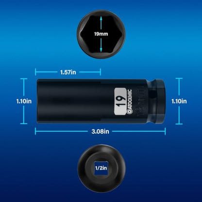 1/2 Inch Drive x 19mm Deep 6PT CR-MO Impact Socket for Removing Axle nut | Metric Socket,6-Point Radius Corner Design,Two Size Markings,Square Chamfered Opening,For Removal of Axle Nut - size: 19 mm, style: 1/2" Drive Deep Socket