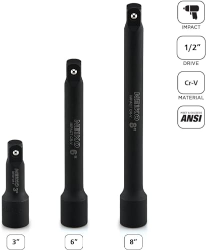 NEIKO 00237A 1/2-Inch-Drive Impact Extension-Bar Set, Made with CrV Steel, 3-Inch, 6-Inch, and 8-Inch Sizes, 3-Piece Set - size: 3 Piece, (3", 6", 8"), style: Impact Extension