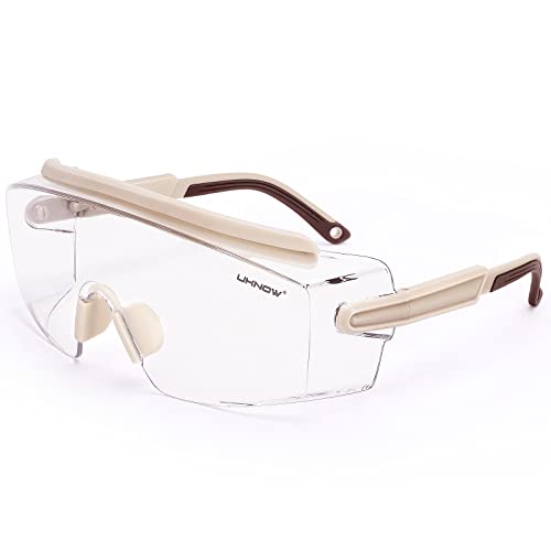 UKNOW Safety Goggles Over Glasses, Anti Fog Safety Glasses with Clear Wraparound Lens, ANSI Z87.1 Protective Eyewear - color: Cream