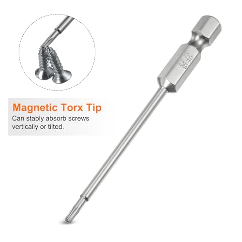 HARFINGTON 2pcs T7 Security Torx Bit 1/4" Hex Shank 3" Long S2 Steel Magnetic Tamper Resistant Star Bits Screwdriver Torx Head with Hole for Driver Drill Bits Remove Fastening Screws - size: T7