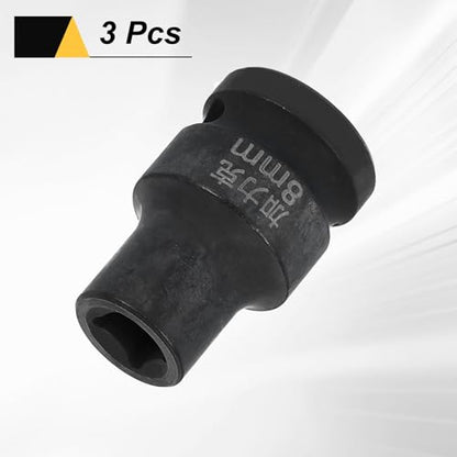 HARFINGTON 3pcs 4 Point Square Socket 1/2" Drive 8mm Metric Square Impact Socket CR-V Blackening Standard Wheel Sleeve Pneumatic Sleeve Tool for Auto Repair Mechanical Maintenance Home Use - size: 8mm