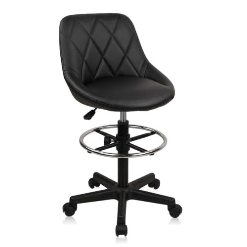 KLASIKA Drafting Chair with Backrest, Faux Leather Height Adjustable Rolling Swivel Stool with Foot Ring, Ergonomic Tall Standing Desk Office Chair with Wheels for Workshop Kitchen Bar Counter - color: Black Big Back, size: 1PK