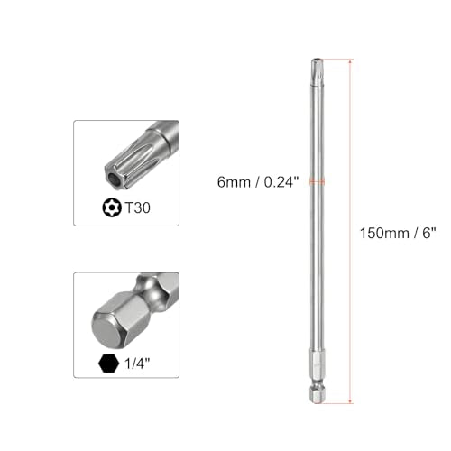 HARFINGTON 2pcs T30 Security Torx Bit 1/4" Hex Shank 6" Long S2 Steel Magnetic Tamper Resistant Star Bits Screwdriver Torx Head with Hole for Driver Drill Bits Remove Fastening Screws - size: T30
