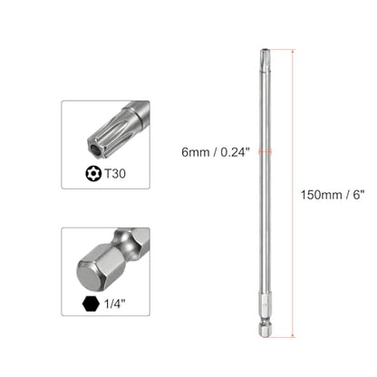 HARFINGTON 2pcs T30 Security Torx Bit 1/4" Hex Shank 6" Long S2 Steel Magnetic Tamper Resistant Star Bits Screwdriver Torx Head with Hole for Driver Drill Bits Remove Fastening Screws - size: T30