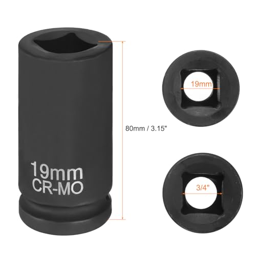 HARFINGTON 4 Point Square Socket 3/4" Drive 19mm Metric Square Impact Socket CR-MO Blackening Standard Wheel Sleeve Pneumatic Sleeve Tool for Auto Repair Mechanical Maintenance Home Use - size: 3/4"/19mm