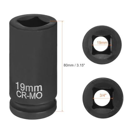 HARFINGTON 4 Point Square Socket 3/4" Drive 19mm Metric Square Impact Socket CR-MO Blackening Standard Wheel Sleeve Pneumatic Sleeve Tool for Auto Repair Mechanical Maintenance Home Use - size: 3/4"/19mm