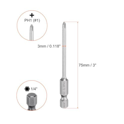 HARFINGTON 5pcs #1 Phillips Screwdriver Bit PH1 1/4" Hex Shank 3" (75mm) Long Magnetic S2 Steel Industrial Grade Screw Driver Bit Cross Head Electric Drill Bits 0.118" (3mm) Rod - size: PH1 x 75mm x 3mm