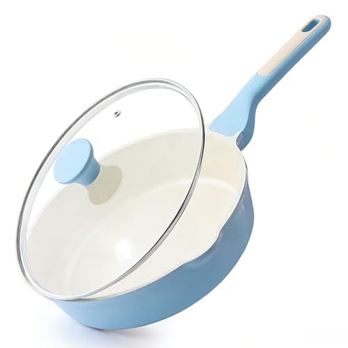 SENSARTE Nonstick Ceramic Saute Pan 10-inch, 3.5QT Nonstick Skillet, Non Toxic Deep Frying Pan with Lid, Stay-cool Handle, Healthy Cooking Pot, Induction Compatible, Blue - color: Glicer Blue, size: 10-inch/3.5QT