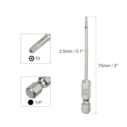 HARFINGTON 2pcs T6 Security Torx Bit 1/4" Hex Shank 3" Long S2 Steel Magnetic Tamper Resistant Star Bits Screwdriver Torx Head with Hole for Driver Drill Bits Remove Fastening Screws - size: T6