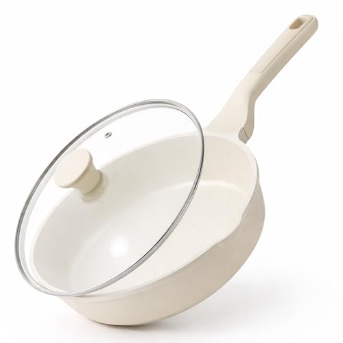 SENSARTE Nonstick Ceramic Skillet with Lid 10-inch, 3.5QT Non Toxic Deep Frying Pan, Dishwasher Safe Saute Pan with Lid, Stay-cool Handle, Healthy Cooking Pot, Induction Compatible, Cream White - color: Antique White, size: 10-inch/3.5QT