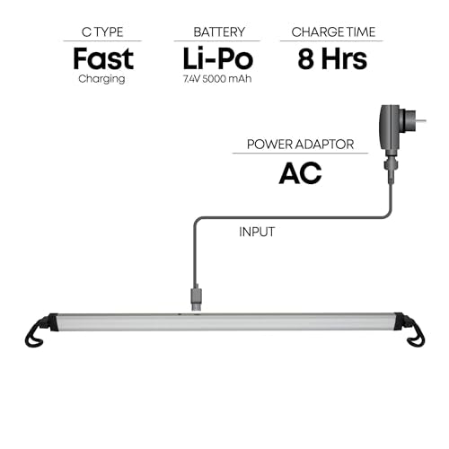 Groz 5000 Lumen Rechargeable Under-Hood Light - Expandable 46.5"-68" Aluminum Work Light for Automotive Repair (55123) - color: Silver Housing