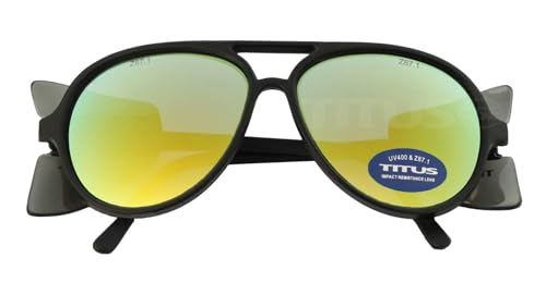 TITUS G35 Retro Aviator Z87 DOT ANSI CE Approved Safety Glasses | W/Protective Side Shields, UV400 Polycarbonate Lenses, Flexible Nylon Stems, Eye Protection, Sunglasses, Motorcycle, Shooting - color: Chartreuse Rev Mirror Over Smoke