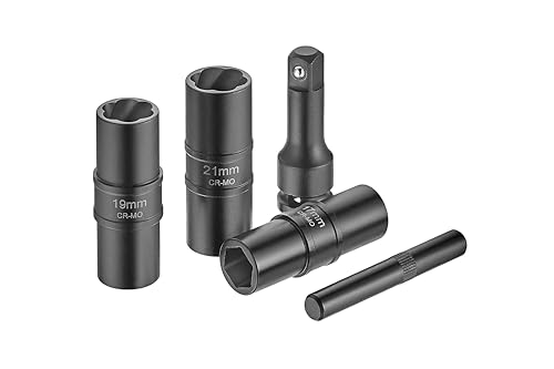 5PCS 1/2-Inch Damaged Bolt Extractor Flip Socket Set, Rounded-off Lug Nut Socket Removal, Metric, 17MM, 19MM, 21MM, W/3-Inch Extension, and a drift punch nut removal bar