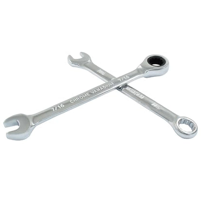 7/16 Inch Ratcheting Wrench 2 Pcs 72-Tooth 12-Point Chrome Plated | Forged 45# Carbon Steel Durable, 5-Degree Arc For Tight Spaces, 12-Point Protects Fasteners, Polished Chrome Anti-Rust - size: 0.44 Inch