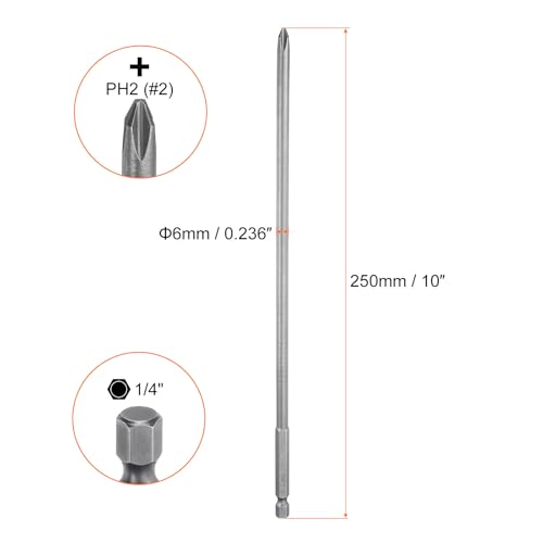 HARFINGTON 5pcs #2 Phillips Screwdriver Bit PH2 1/4" Hex Shank 10" (250mm) Long Magnetic S2 Steel Industrial Grade Screw Driver Bit Cross Head Electric Drill Bits 0.236" (6mm) Rod - size: PH2 x 250mm x 6mm