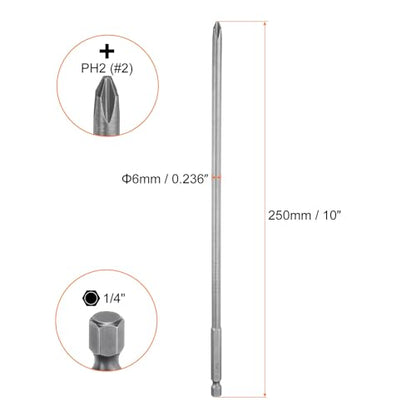 HARFINGTON 2pcs #2 Phillips Screwdriver Bit PH2 1/4" Hex Shank 10" (250mm) Long Magnetic S2 Steel Industrial Grade Screw Driver Bit Cross Head Electric Drill Bits 0.236" (6mm) Rod - size: PH2 x 250mm x 6mm