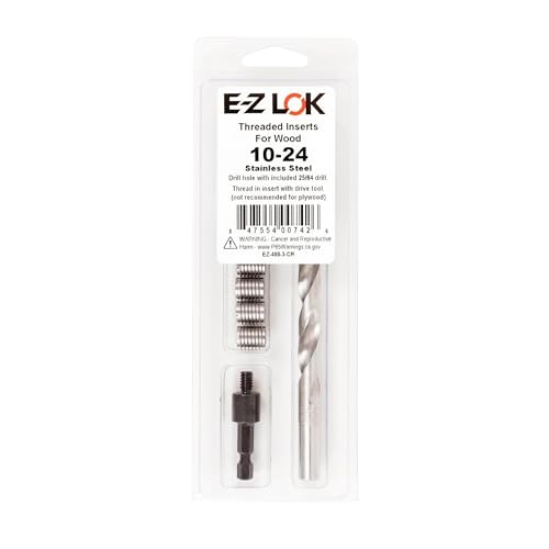E-Z LOK 400-3-CR Threaded Inserts for Wood, Installation Kit, Stainless Steel, Includes 10-24 Knife Thread Inserts (6), Drill, Installation Tool - size: 10-24