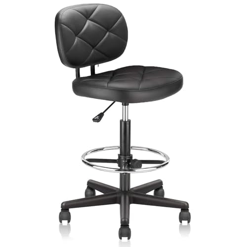 KLASIKA PU Leather Rolling Bar Stool with Wheels and Back, Tall Drafting Stool with Adjustable Height and Footrest, Multi-Purpose Office Desk Chair for Home Kitchen Shop Work, Black (1PK) - color: Black With Back, size: 1PK