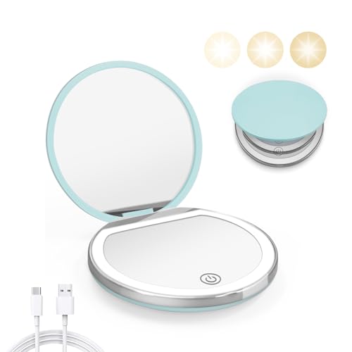 Kakuje Compact Mirror with Light, 1X/3X Magnification LED Pocket Mirror with USB Data Cable,Mini Mirror for Purse, Pocket,Travel and Present (Mint Green) - color: Mint Green