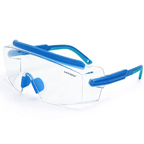 UKNOW Safety Goggles Over Glasses, Anti Fog Safety Glasses with Clear Wraparound Lens, ANSI Z87.1 Protective Eyewear - color: Electric Blue