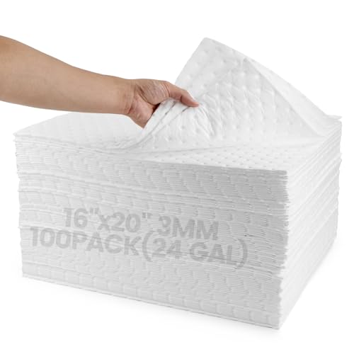 Oil Absorbent Pads | 16"x20" Oil-Only Spill Mat 100-Pack | Industrial Spill Control for Oil & Fuel(24 Gal/Box) | Repels Water Absorbing Sheets - color: 100pack Oil-Only Pads(16"x20")-24 gal Absorption