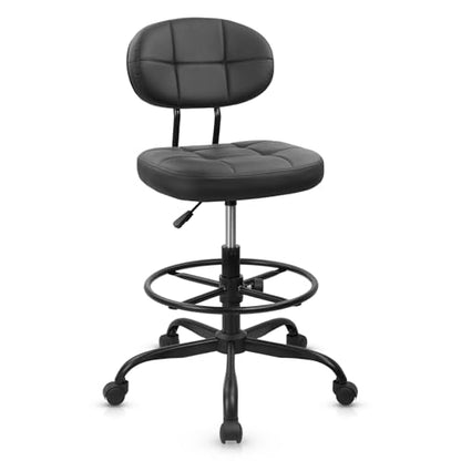 KLASIKA Drafting Stool with Backrest, Tall Adjustable Height Office Chair, PU Leather Swivel Rolling Stool with Footrest & Wheels for Standing Desk, Bar, Salon, Spa, Lab, Counter, Home, Black，1PK - color: Black With Backrest, size: 1PK