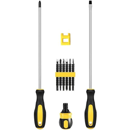 10pcs Long Magnetic Screwdrivers with Ratchet Set, 10" PH2 SL6 | Extra Long Shaft Phillips Slotted, with Magnetizer, Rubber Handle, Chrome Vanadium Steel