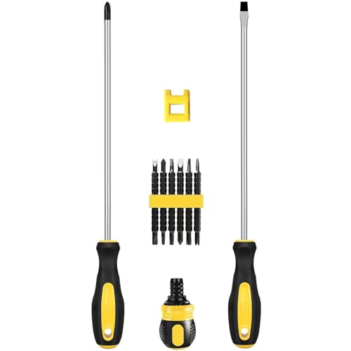 10pcs Long Magnetic Screwdrivers with Ratchet Set, 10" PH2 SL6 | Extra Long Shaft Phillips Slotted, with Magnetizer, Rubber Handle, Chrome Vanadium Steel