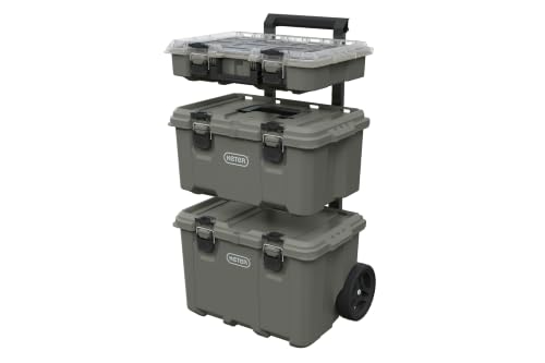 Keter Stack-n-Roll Modular Tools Organizer for Garage Storage and DIY, 3 Piece Resin Rolling Tool Box System for Small Parts - color: Olive Green, size: 3PC System