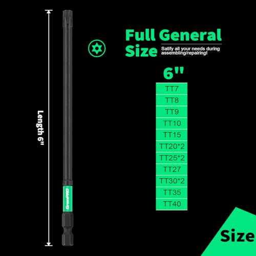 GRENPRO Torx Bit Set 14pc Impact Driver Bit Set, Magnetic Torx Screwdriver Set, 1/4 Torque Security Bits Sets, Tamper Proof t20 t25 t30, 6" Long (t7-t40) Star Screwdriver Bits Sets - size: T7-T40(6"*14pcs)
