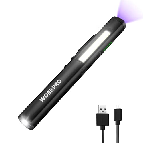 WORKPRO Rechargeable Pen Light, 450 Lumen LED Flashlight with UV Light | Compact Pocket Flashlight, Dual Light Sources, Inspection Lighting, Repair Work Lighting, Pet Stain Detection - color: Black