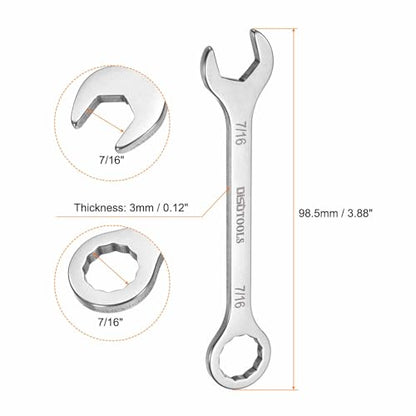 HARFINGTON 2pcs Thin Combination Wrench 7/16" Offset 6-Point Ended Box & 15° Angled Open End Mini Combination Wrench 30Cr13 Stainless Steel Quenching Polish Metric Spanner for Auto Repairs - size: 7/16"