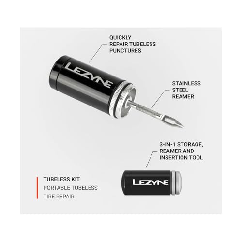 LEZYNE Tubeless Bike Tire Repair Kit - Road, Mountain & Gravel Bicycle Puncture Tool Set - Portable Compact Aluminum Storage Container/Handle with Stainless Steel Reamer & 5 Extra-Tacky Plugs