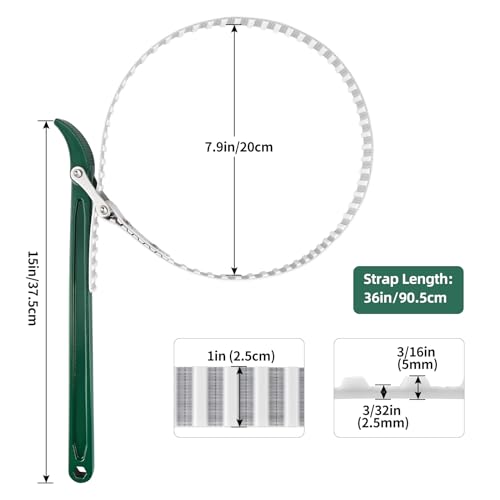 15" Belt Strap Wrench with Adjustable 36" Steel Wire Rubber Strap, Multipurpose Oil Filter Removal Tool