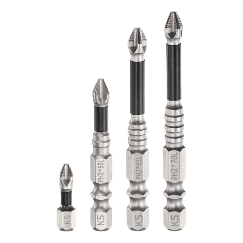 HARFINGTON 4pcs Impact Phillips Screwdriver Bit Set PH2 (#2) Anti Slip Tip 1/4" Hex Shank 1"/2"/2.6"/2.8" (25mm/50mm/65mm/70mm) Long Magnetic Cross Screw Driver Drill Bits - size: PH2 x 1"/2"/2.6"/2.8"