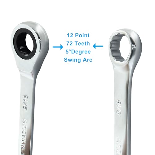 9/16 Inch Ratcheting Wrench 2 Pcs 72-Tooth 12-Point Chrome Plated | Forged 45# Carbon Steel Durable, 5-Degree Arc For Tight Spaces, 12-Point Protects Fasteners, Polished Chrome Anti-Rust - size: 0.56 Inch