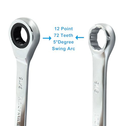 9/16 Inch Ratcheting Wrench 2 Pcs 72-Tooth 12-Point Chrome Plated | Forged 45# Carbon Steel Durable, 5-Degree Arc For Tight Spaces, 12-Point Protects Fasteners, Polished Chrome Anti-Rust - size: 0.56 Inch