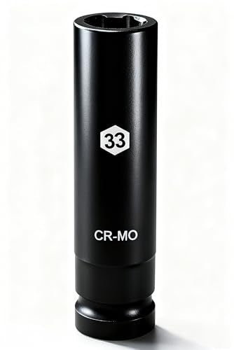1 Inch Driver 33mm Extra Deep Impact Socket, 7.9 inch Length Deep Axle Nut Socket,6 Point Cr-Mo Deep Truck Wheel Nut Socket,Radius Corner Design, Chamfered Opening - size: 33