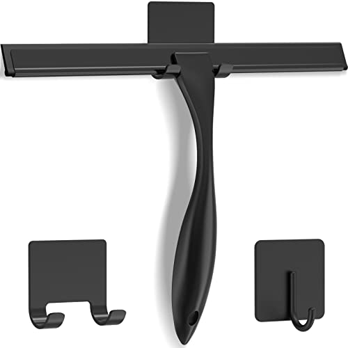 All-Purpose Stainless Steel Shower Squeegee for Shower Doors with 2 Adhesive Hooks, Bathroom Cleaner Tool Household Window Mirror Squeegee for Home Cleaning, Glass Door, Tile Wall, Car, 14 Inch Black - color: Black, size: 14 Inch