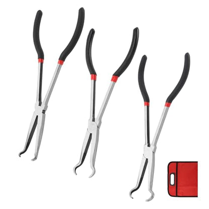 3pcs Long Reach Hose Grip Pliers Set, 11" Long Pliers, 3/8-Inch, 1/2-Inch, 3/4-Inch Dia, Offset Spark Plug Boot Removal Plier Serrated Jaws for Hard to Reach Narrow Space(COLOR:black red)
