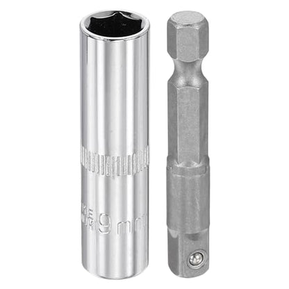 HARFINGTON Deep 6-Point Impact Socket 1/4" Drive 9mm Metric Socket 50mm (2") Long with 1/4" Hex Shank Adapter, CR-V Steel Socket Adapter Accessory Tool Set Kit for Hex Bolts Nuts - size: 9mm x 50mm